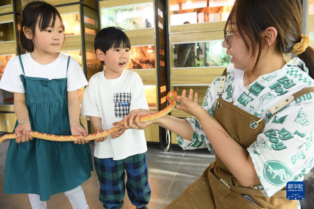 5月18日，两名儿童在管理员的引导下触摸一条观赏蛇。

新华社记者 翁忻旸 摄